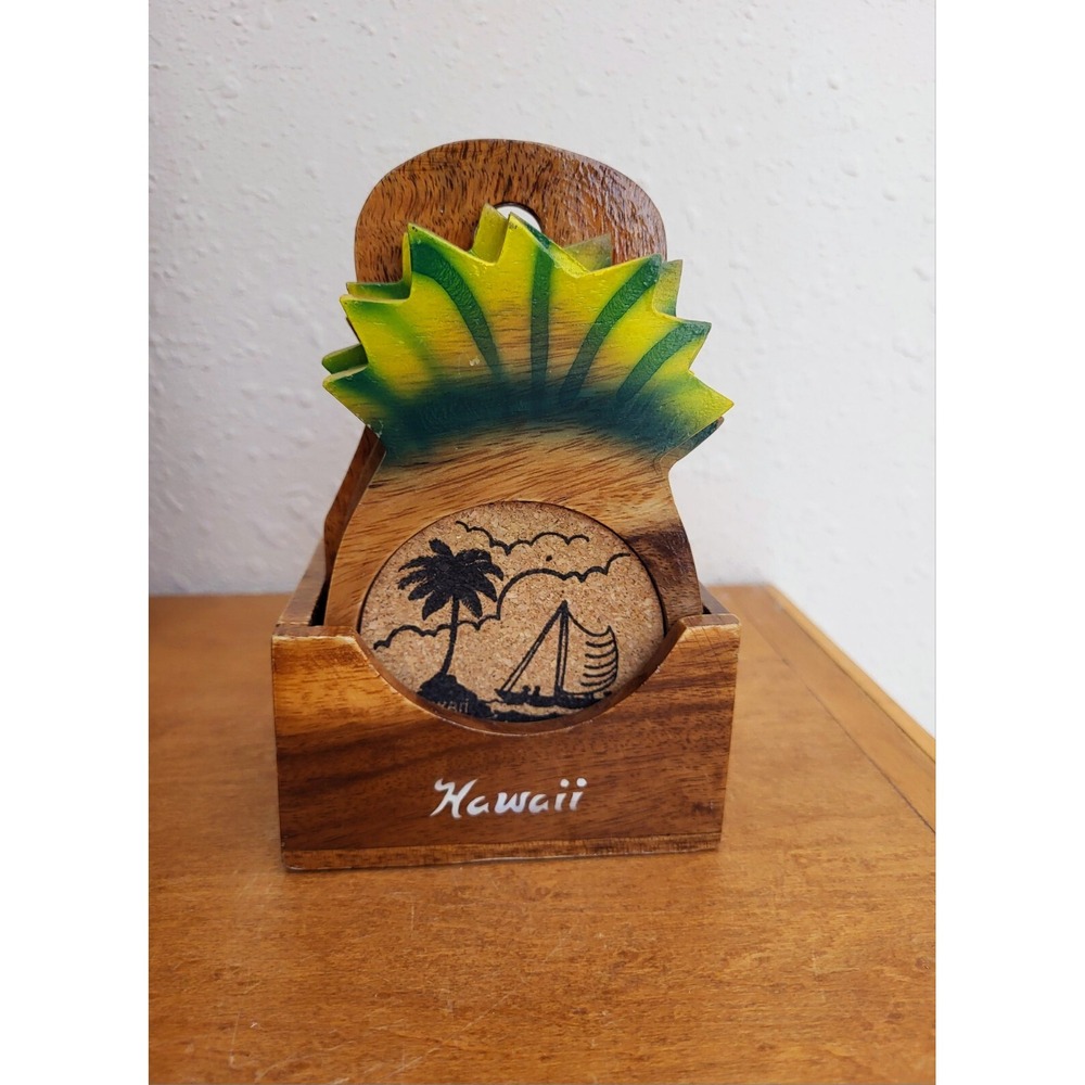 Vintage‎ Pineapple Shaped Cork Coasters w/ Holder Philippines MCM Beach Tiki